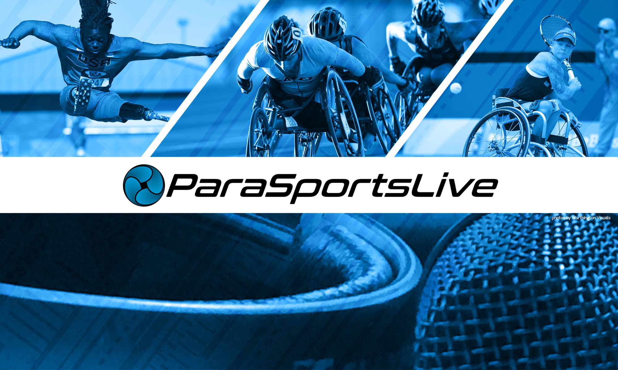 ParaSportsLive header image, disabled athlete montage with headphones and microphone